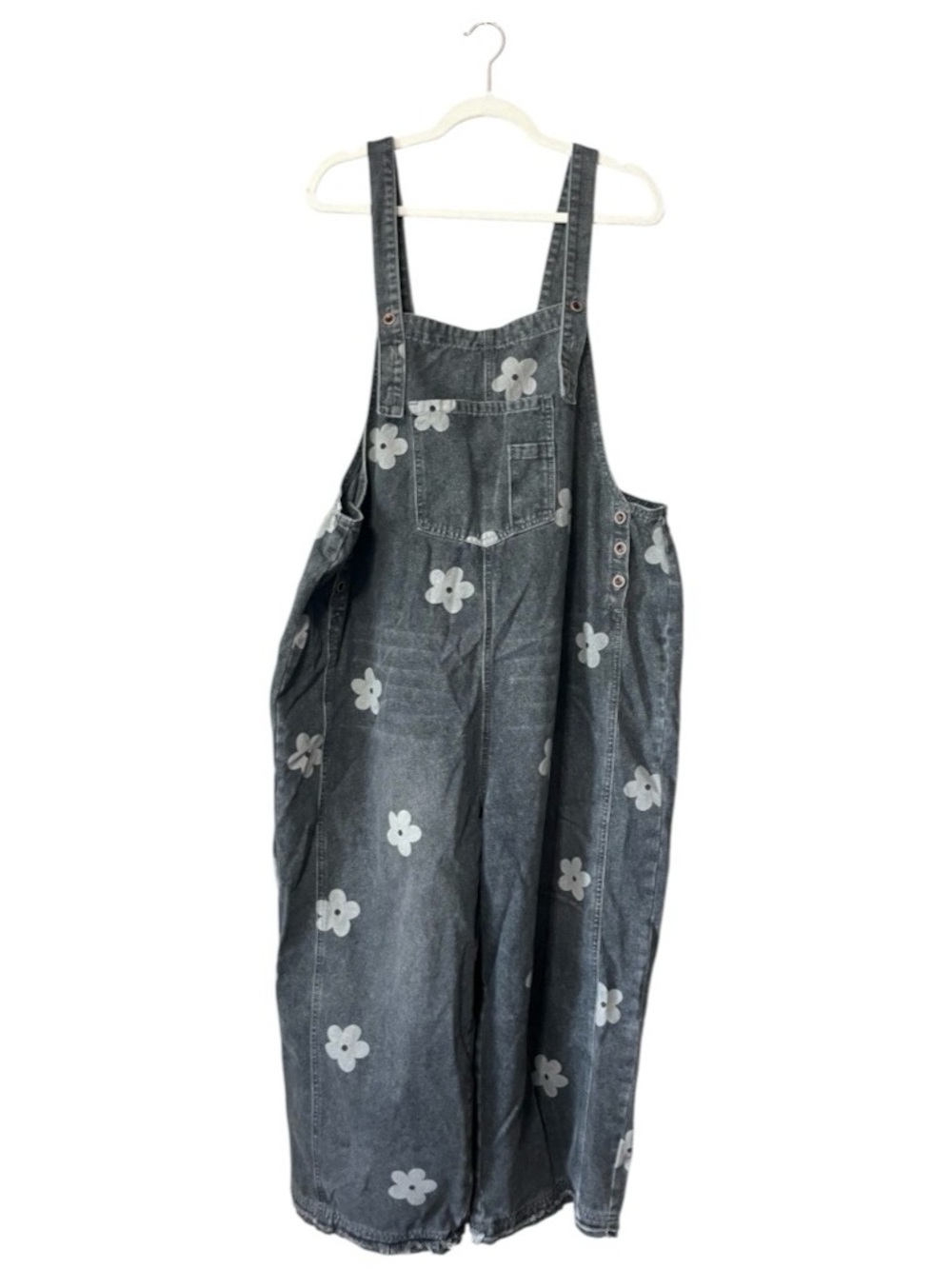 Denim Floral Overalls - Gray Floral Print